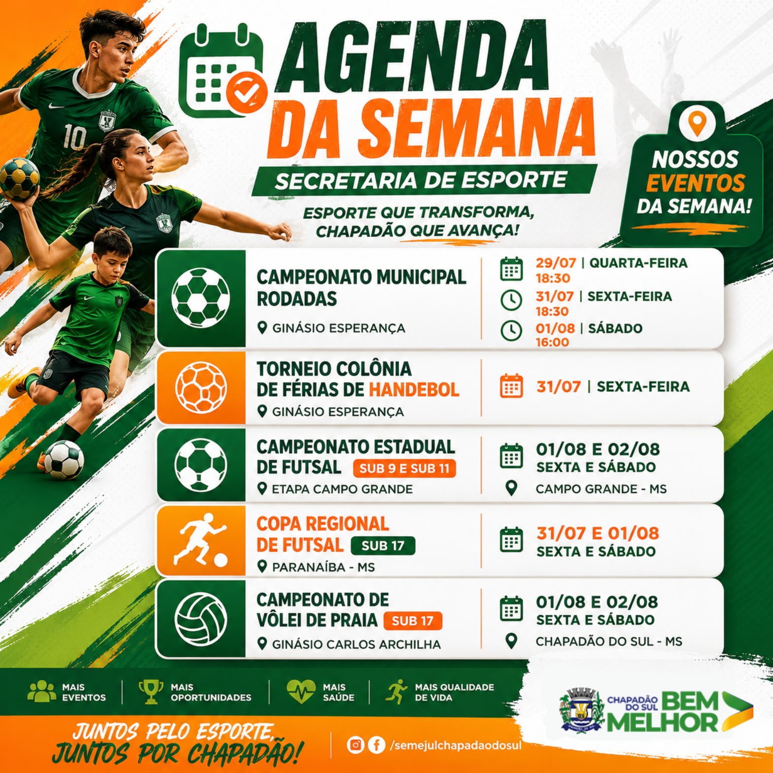 Prefeitura Municipal de Chapadão do Sul divulga agenda esportiva da semana com competições locais e regionais