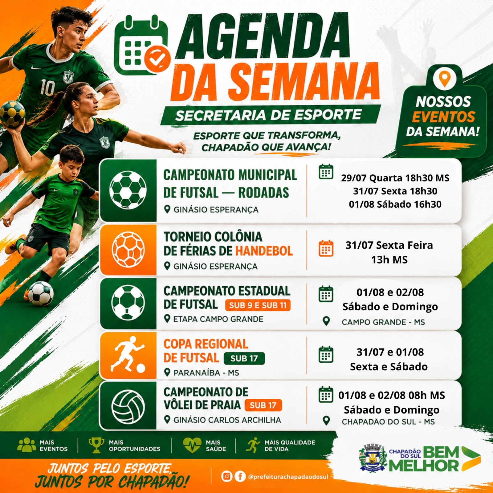 Prefeitura Municipal de Chapadão do Sul divulga agenda esportiva da semana com competições locais e regionais