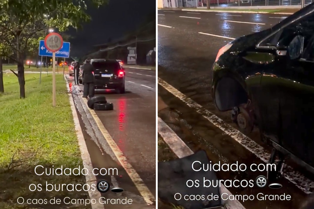 Buraco gigante deixa 7 carros com pneus rasgados em Campo Grande: 'Foi efeito dominó', diz moto...