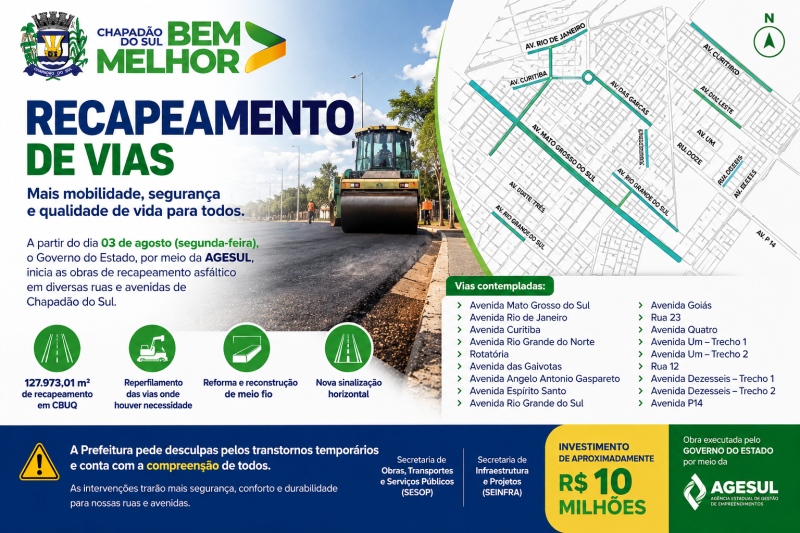Prefeitura de Chapadão do Sul orienta população sobre o início do recapeamento: obras começam na...