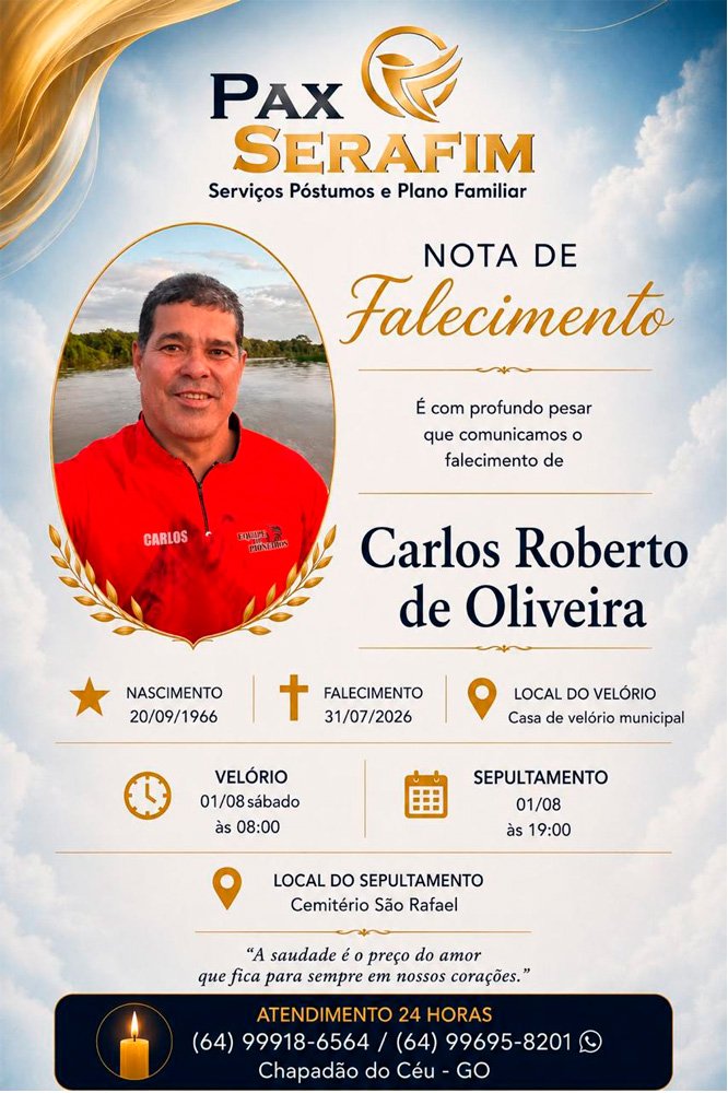 Nota de Pesar: Faleceu aos 59 anos Carlos Roberto de Oliveira - O CORREIO NEWS