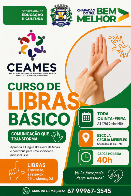 Prefeitura abre inscrições para curso gratuito de Libras Básico em Chapadão do Sul