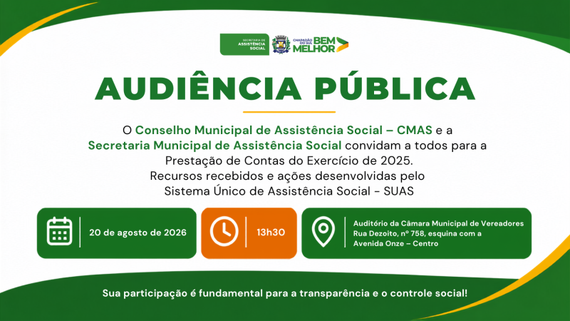 CMAS realiza audiência pública para prestação de contas da Assistência Social no dia 20 de...
