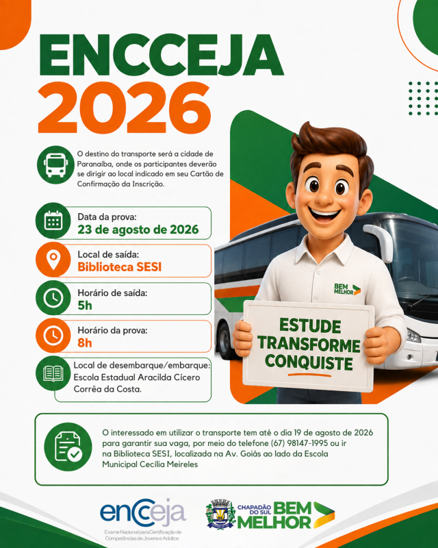 Encceja 2026: Prefeitura de Chapadão do Sul disponibiliza transporte aos participantes