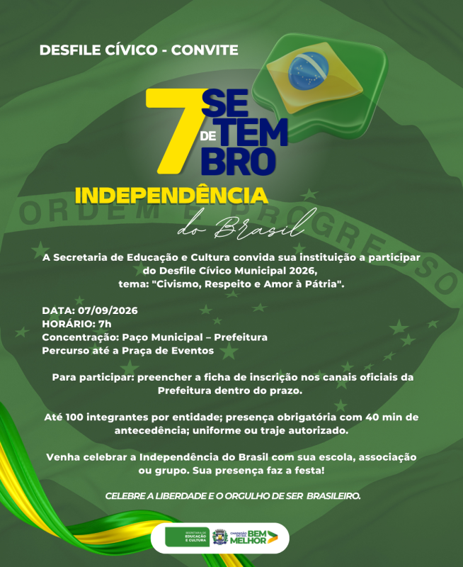 Prefeitura convida entidades para participar do Desfile Cívico de 7 de Setembro