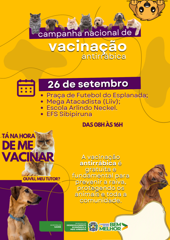 Dia D da vacinação antirrábica: leve seu cão ou gato para receber a vacina gratuita no sábado.....