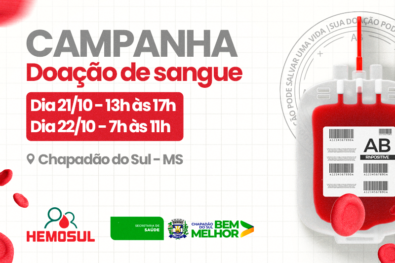 Campanha de Doação de Sangue: Hemosul Móvel chega a Chapadão do Sul nos dias 21 e 22